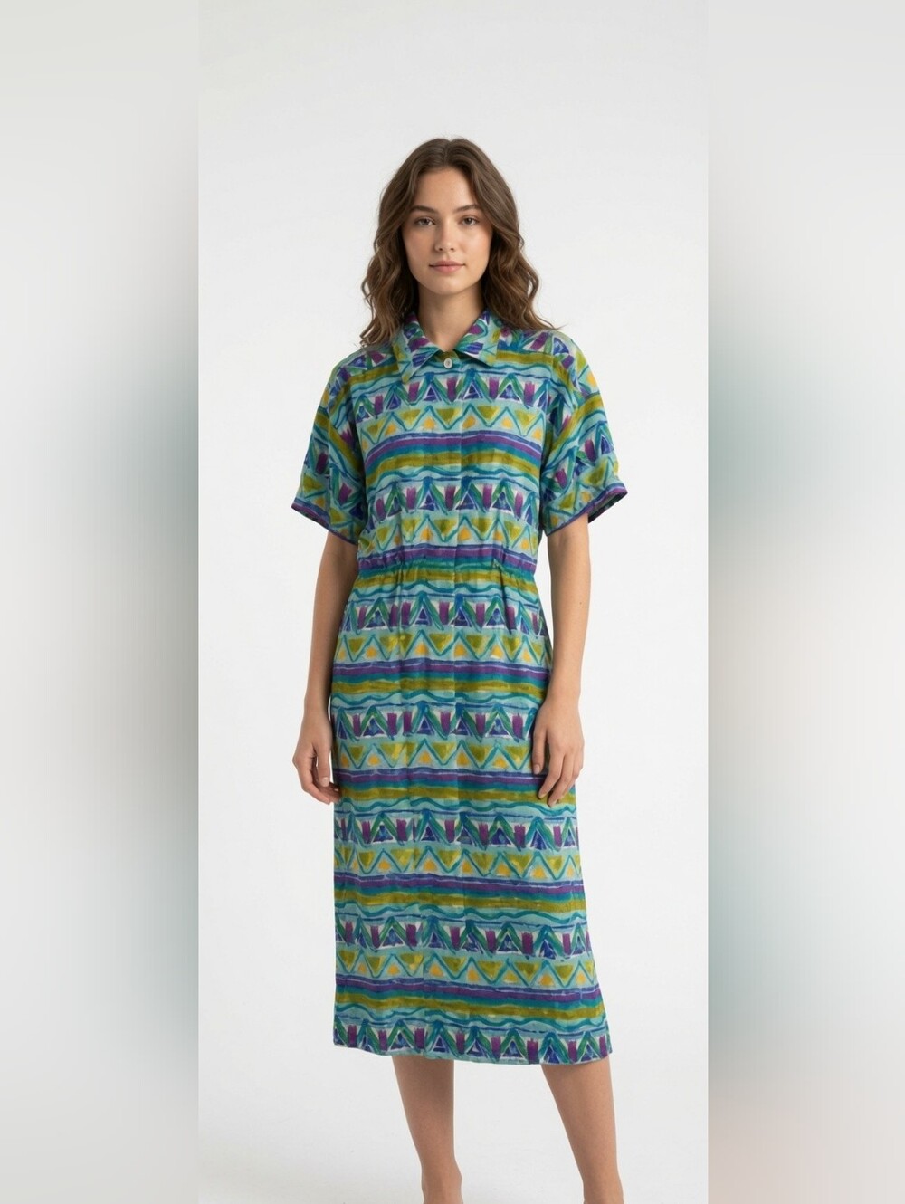VTG 90's Maggy London 100 Percent Silk geometric pattern‎ Maxi Dress 4 Funky